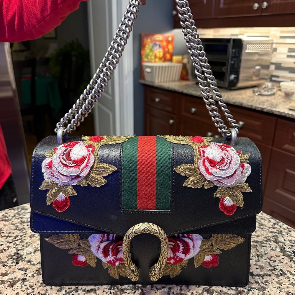 Gucci Dionysus Medium Black Leather Floral Embroidered Shoulder Bag